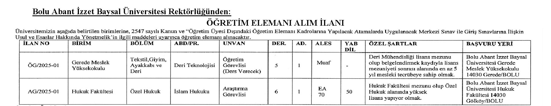 Bolu Abant İzzet Baysal Üniversitesi Öğretim Üyesi ve Elemanı Alım İlanı