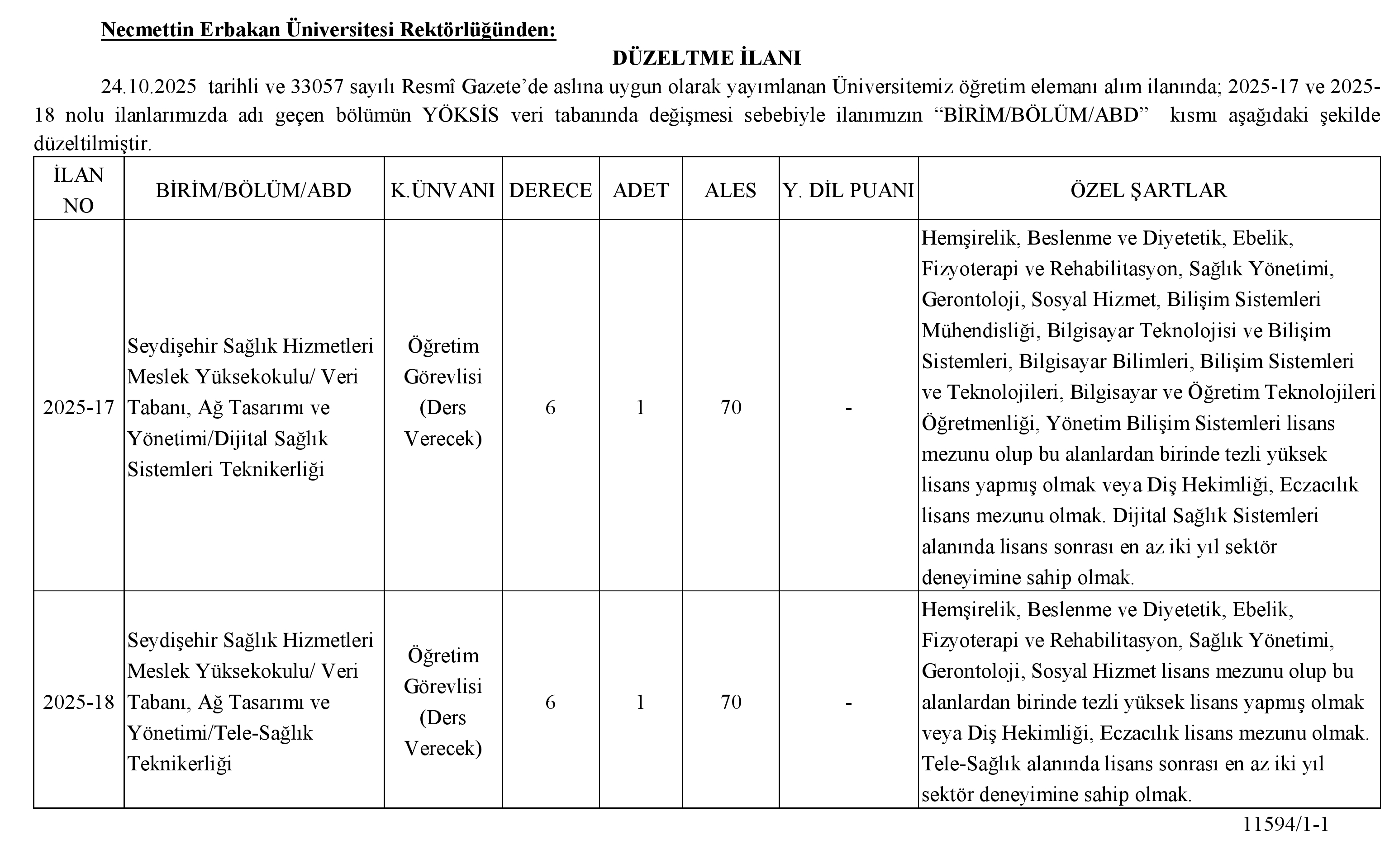 Necmettin Erbakan Üniversitesi Öğretim Elemanı Alım İlanı- Güncellendi 1 Necmettin Erbakan Üniversitesi Öğretim Elemanı Alım İlanı- Güncellendi