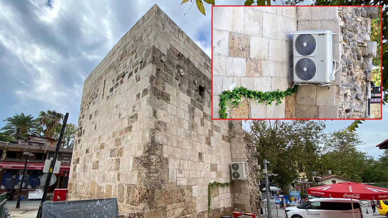 Tarihi burcun duvarı, klima takmak için delindi