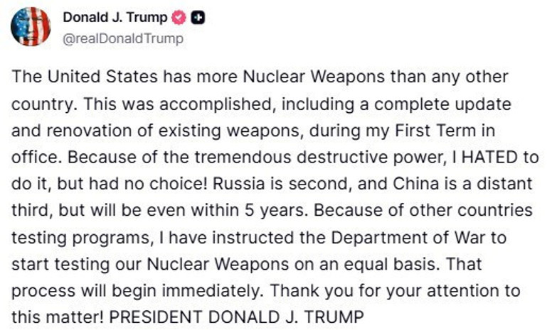 Trump’tan Pentagon’a nükleer test talimatı! Eşit şartlarda hareket edeceğiz 1 Trump’tan Pentagon’a nükleer test talimatı! Eşit şartlarda hareket edeceğiz