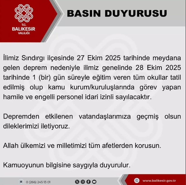 Valilik duyurdu: Balıkesir'de okullar 1 gün tatil edildi