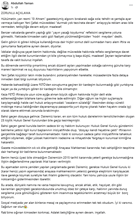 Yargıtay Daire Başkanı Abdullah Yaman'dan Yeni Şafak İçin Şaşırtan Açıklama!
