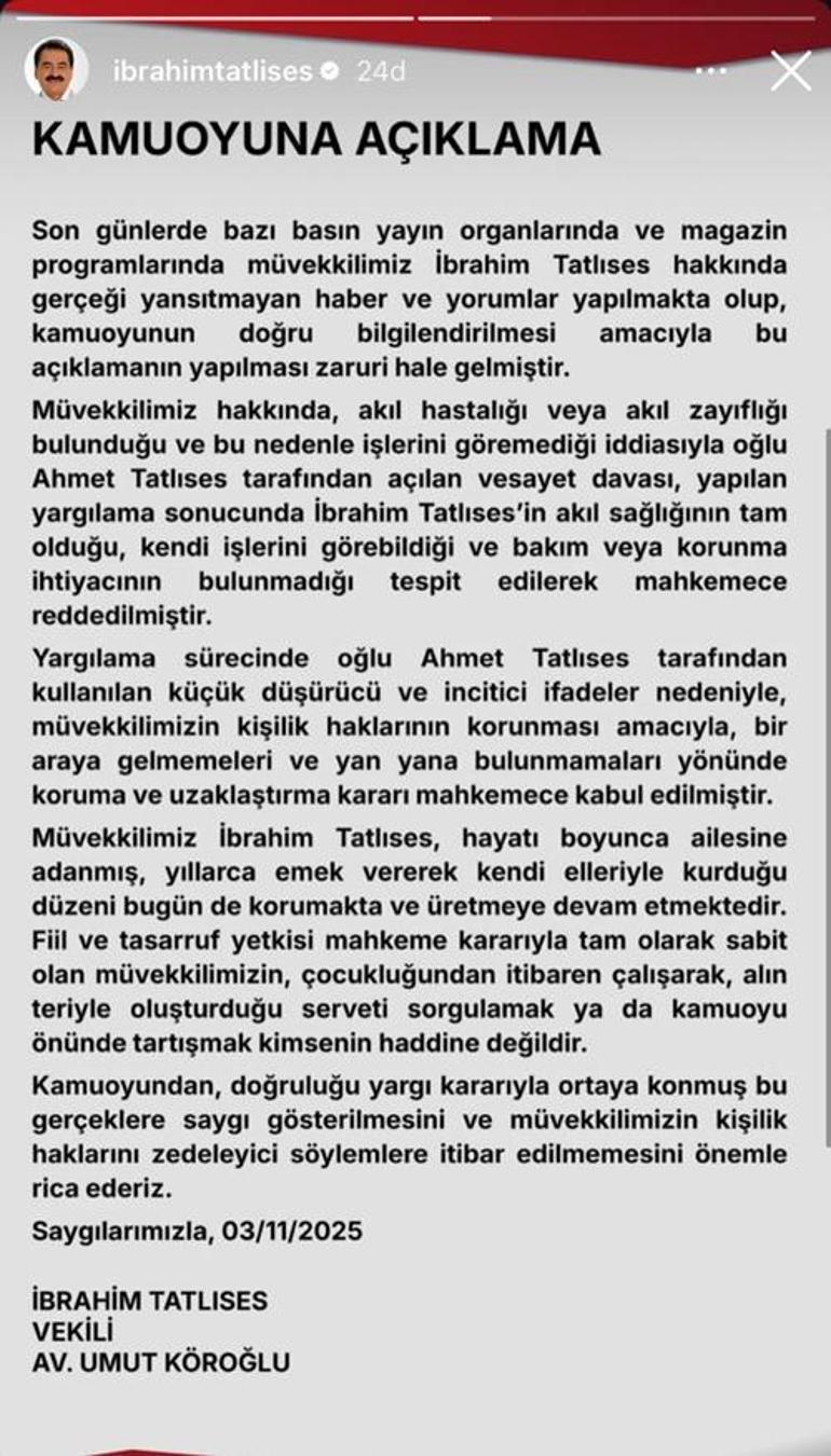 Akıl sağlığı tartışmaları! Baba oğul mahkemelik oldu: İbrahim Tatlıses'ten açıklama