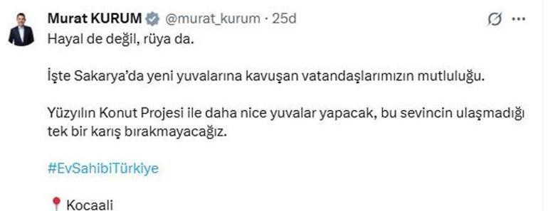Bakan Kurum'dan sosyal konut paylaşımı: Hayal de değil, rüya da
