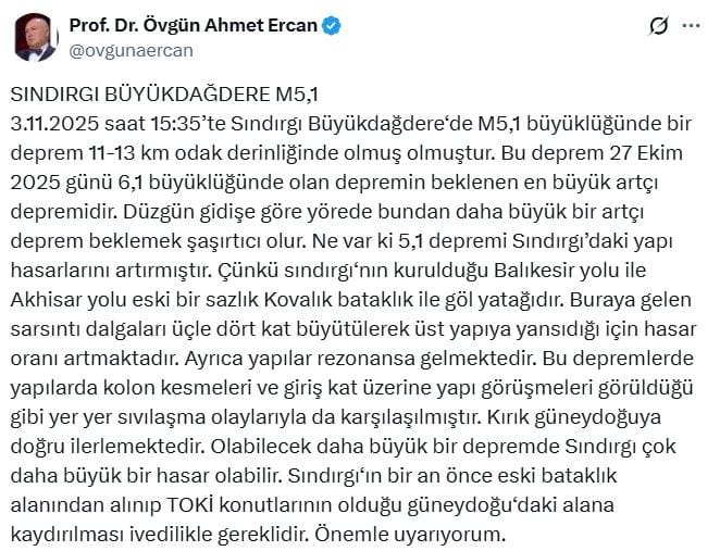 Balıkesir'deki Artçı Sarsıntılar Devam Ediyor! Ahmet Ercan'dan Kritik Açıklama