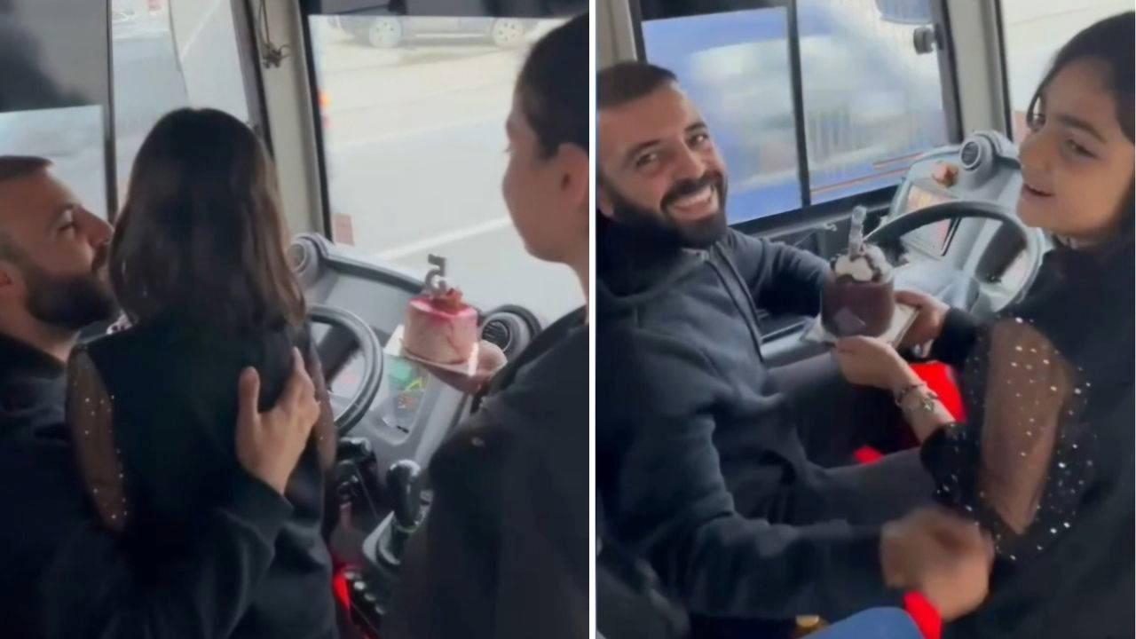 Halk otobüsü sürücüsü babaya, sefer sırasında kızlarından doğum günü sürprizi