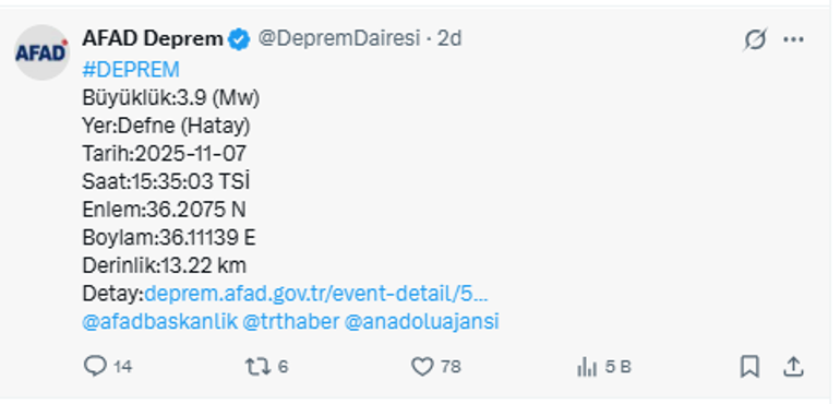 Hatay'da 3.9 büyüklüğünde deprem 1 Hatay'da 3.9 büyüklüğünde deprem
