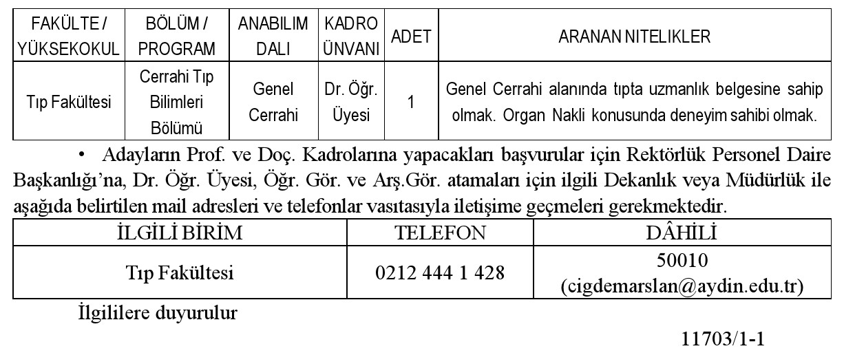 İstanbul Aydın Üniversitesi Yeni Öğretim Üyesi Alım İlanı