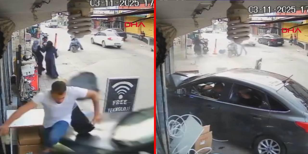 Korku Dolu Anlar: Otomobil İş Yerine Daldı, Kaldırımdaki Yaya Son Anda Kurtuldu!