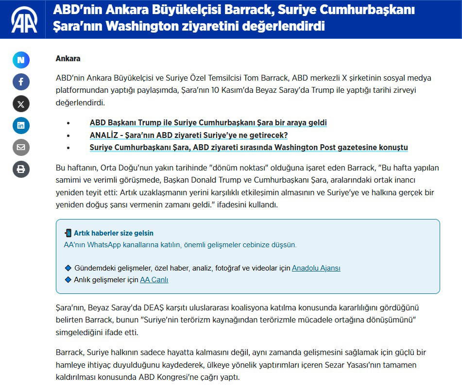 Tom Barrack konuştu, AA sansürledi: 'Suriye, Hamas’a karşı çabada bize yardım edecek...'